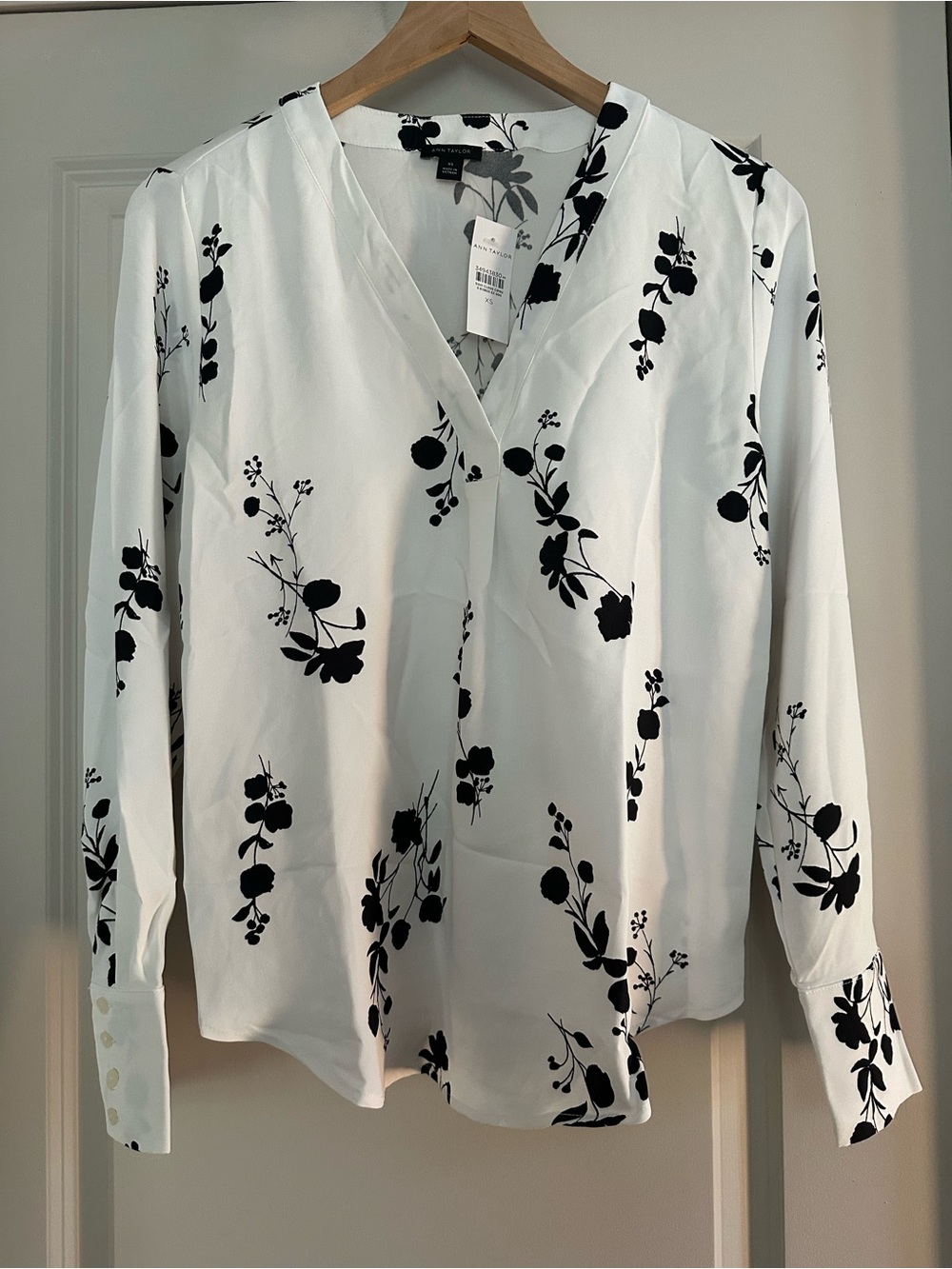 Ann Taylor White Blouse with Black Floral Print
